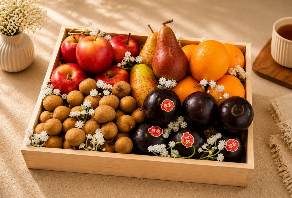 Fresh Rockit Apples, Premium Red Beauty Pears, Fresh Oranges, China Plum & Sweet Longan in an Elegant Wooden Fruit Tray