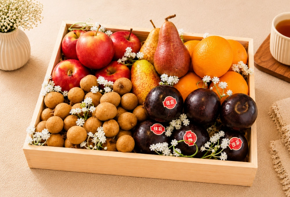 Fresh Rockit Apples, Premium Red Beauty Pears, Fresh Oranges, China Plum & Sweet Longan in an Elegant Wooden Fruit Tray