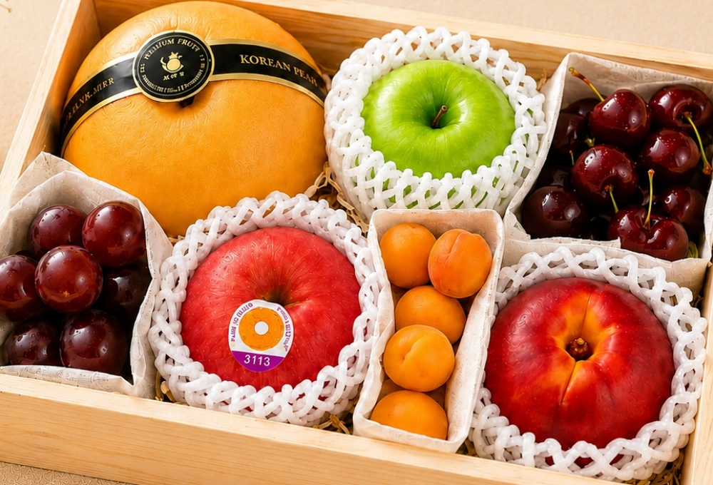 Premium Korean Pear, Green Apple, Cherries, Juicy red grapes, USA Donut Peach, Fresh Apricots, Nectarine in an Elegant Wooden Gift Box