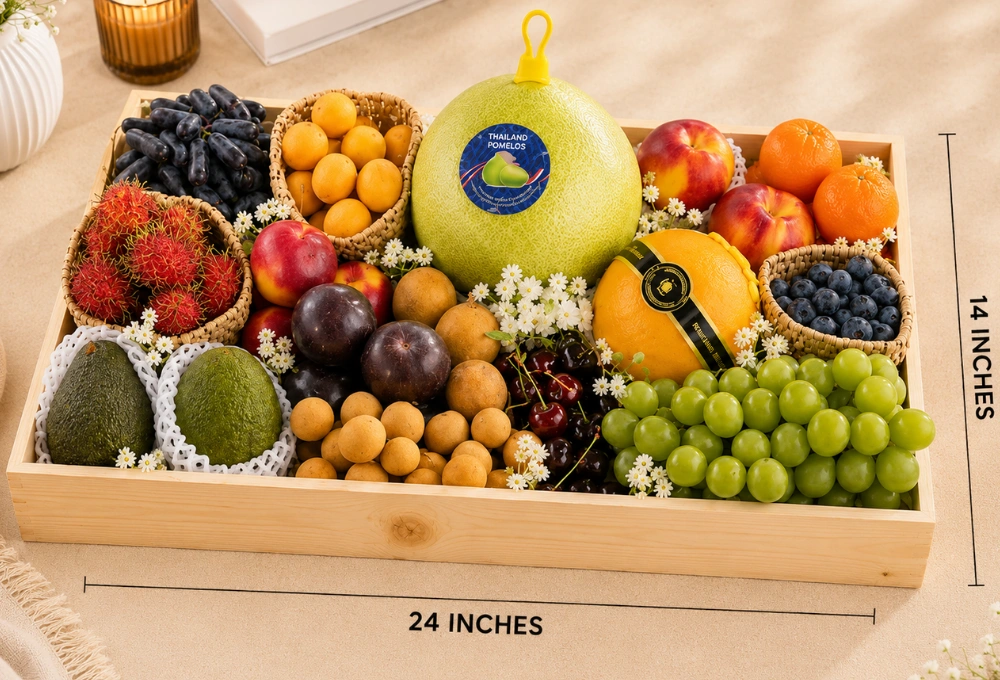 Moon Drop Grapes, Apricot, Pomelo, Yellow Nectarine, Mandarin Orange, Rambutan, Rockit Apple, China Plum, Longan, Canadian Cherries, Korean Pear, Blueberry, Avocado, Green Muscat Grapes in a Premium Wooden Tray.