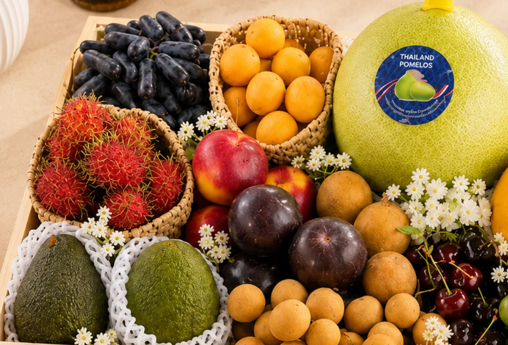 Moon Drop Grapes, Apricot, Pomelo, Yellow Nectarine, Mandarin Orange, Rambutan, Rockit Apple, China Plum, Longan, Canadian Cherries, Korean Pear, Blueberry, Avocado, Green Muscat Grapes in a Premium Wooden Tray.