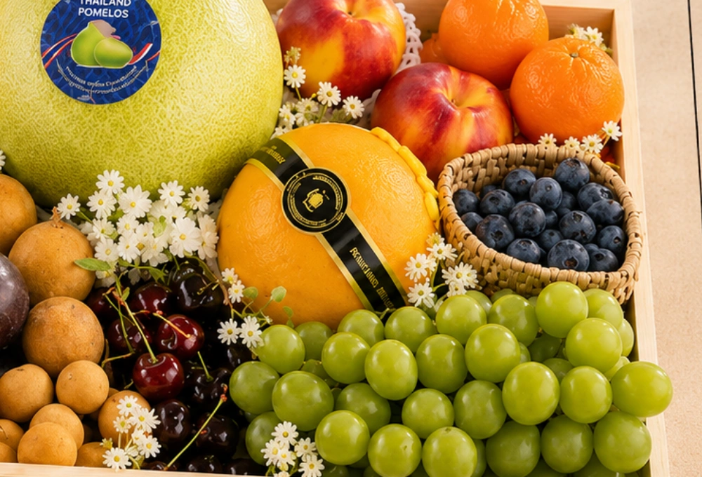 Moon Drop Grapes, Apricot, Pomelo, Yellow Nectarine, Mandarin Orange, Rambutan, Rockit Apple, China Plum, Longan, Canadian Cherries, Korean Pear, Blueberry, Avocado, Green Muscat Grapes in a Premium Wooden Tray.