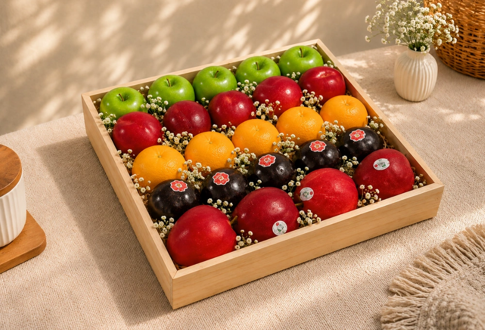 Green Apples, Washington Apples, Nectarine, China Plums & Valencia Oranges in a Premium Wooden Tray