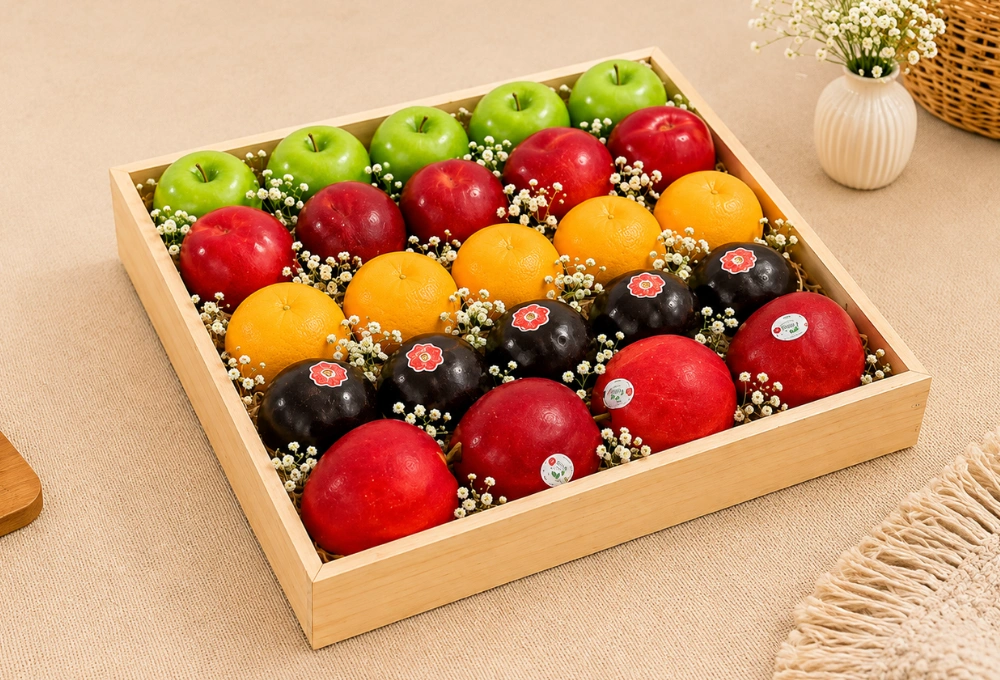 Green Apples, Washington Apples, Nectarine, China Plums & Valencia Oranges in a Premium Wooden Tray