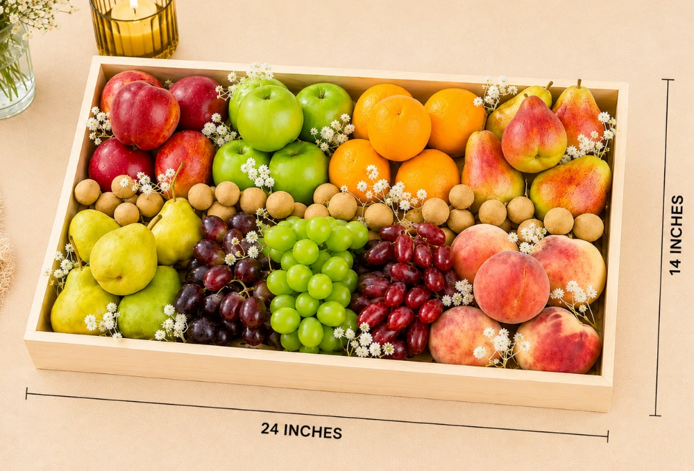 Washington Apple, Green Apple, Valencia Orange, Red Beauty Pear, Green Vermont Pear, Red Globe Grape, Green Muscat Grape, Red Seedless Grape, Spanish Peach, and Longan in a Premium Wooden Tray.