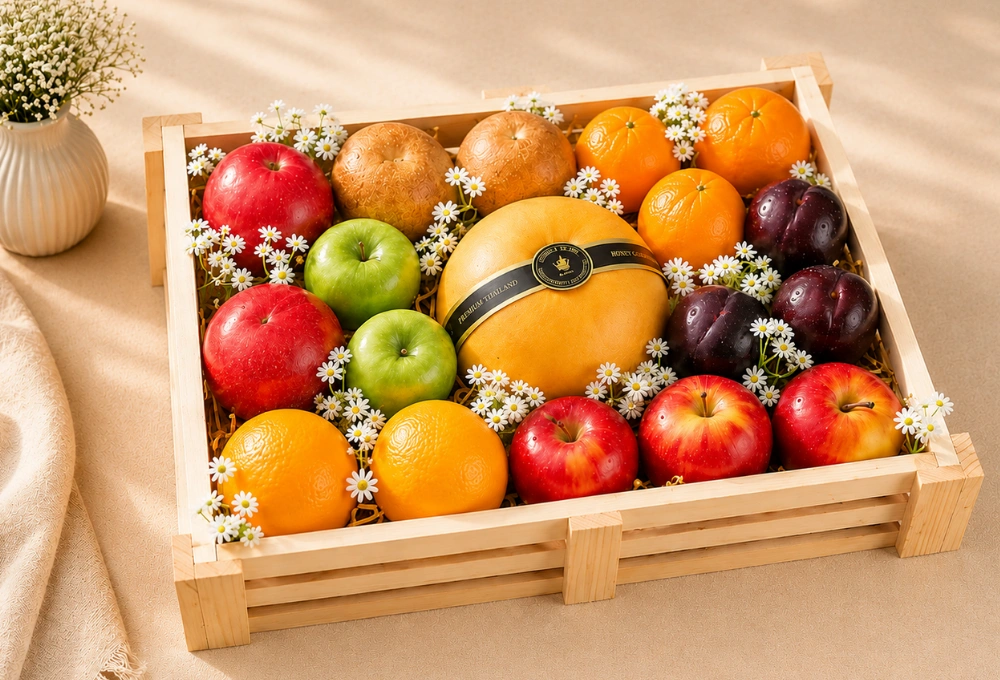Premium Korean Pear, Rockit Apples, Green Apples, China Plums, Oranges, Passion Fruits, Mandarins & Nectarines in an Elegant Wooden Fruit Tray