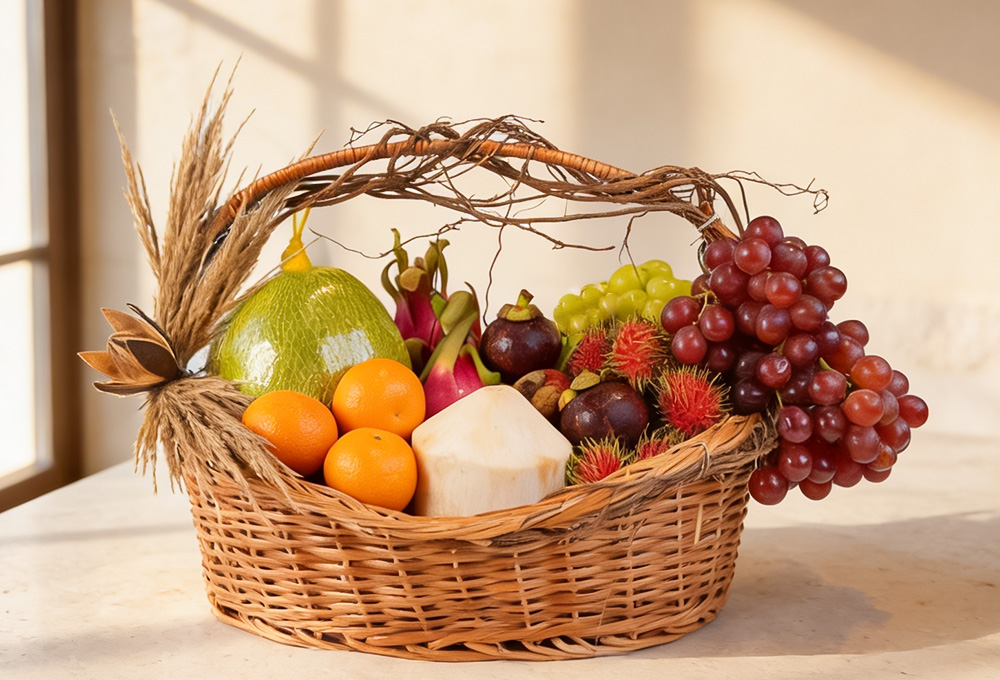 Exotic Fruit Basket with Rambutan, Dragonfruit, Mangosteen, Grapes