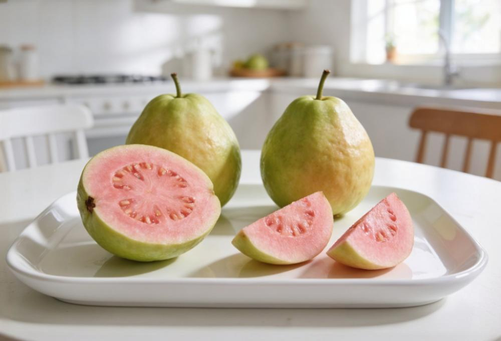 Fresh pink guava with vibrant pink pulp and green outer skin