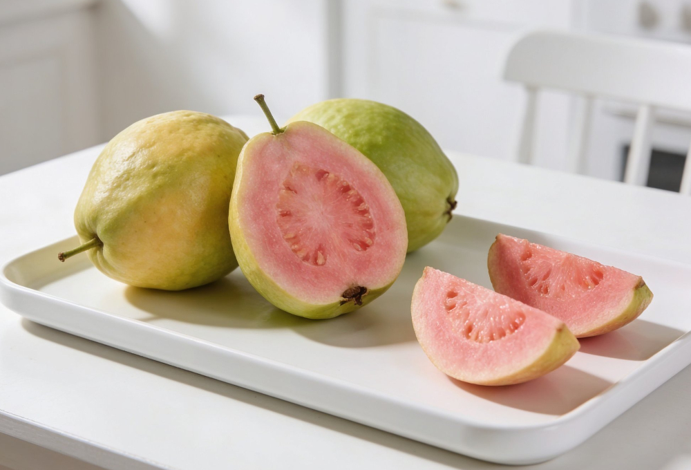 Fresh pink guava with vibrant pink pulp and green outer skin