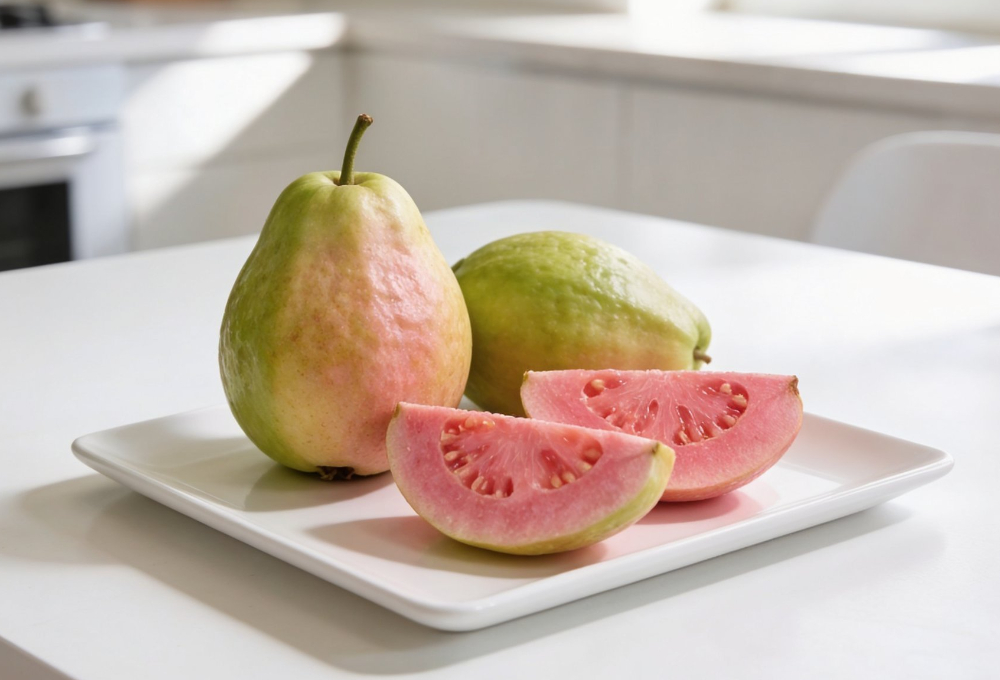 Fresh pink guava with vibrant pink pulp and green outer skin