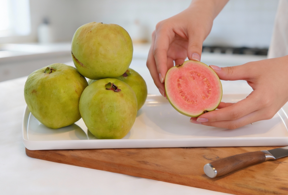 Fresh pink guava with vibrant pink pulp and green outer skin