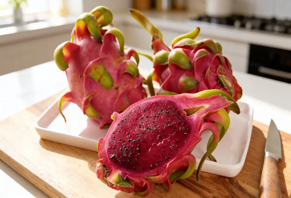 Fresh red dragon fruit with vibrant pink skin and juicy red pulp