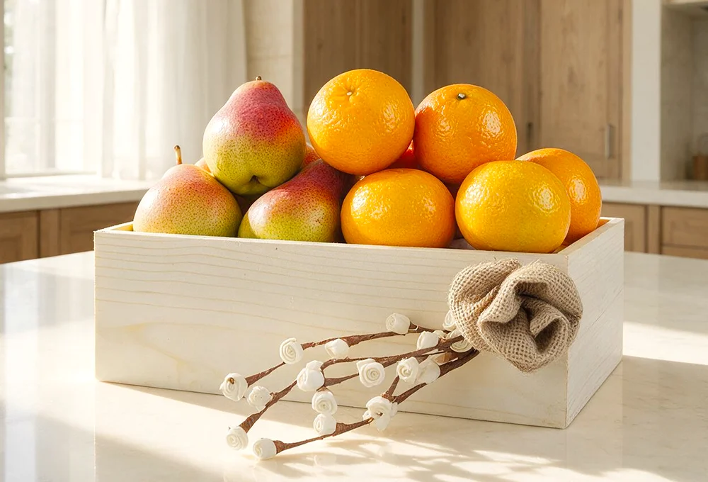 500 gms of Mandrian Orange and 500 Gms of Red Beauty Pear in a wooden tray