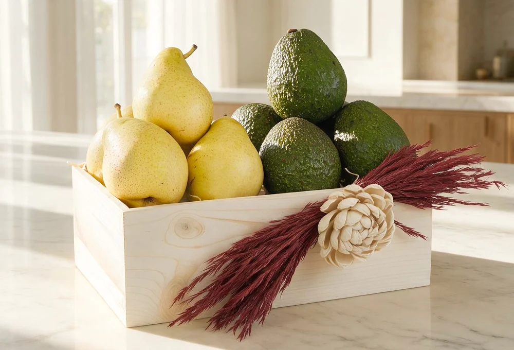 500 Gms of Green Pear and 500 gms of Hass Avocado in a wooden tray
