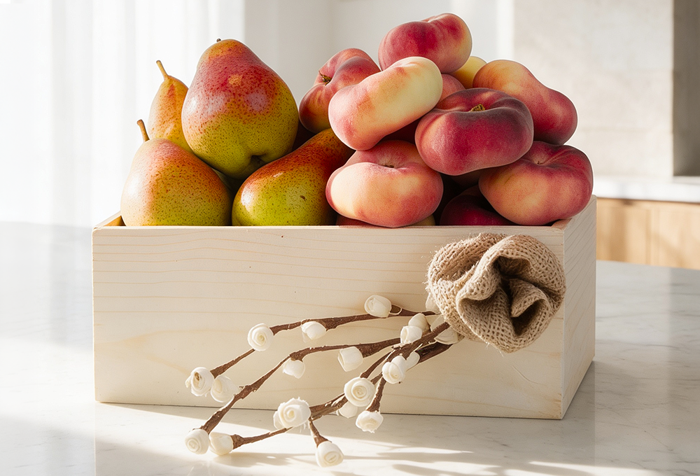 500 Gms donut peach and 500 Gms red beauty pear in a wooden tray