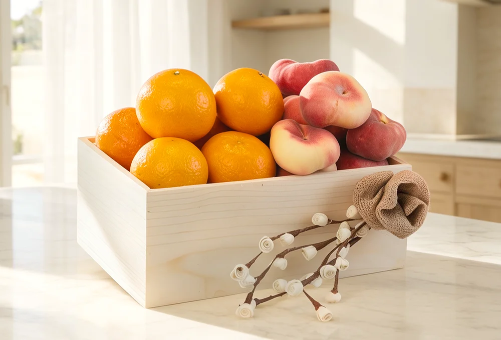 500 Gms of Mandrian Orange and 500 gms of Donut Peach in a wooden tray