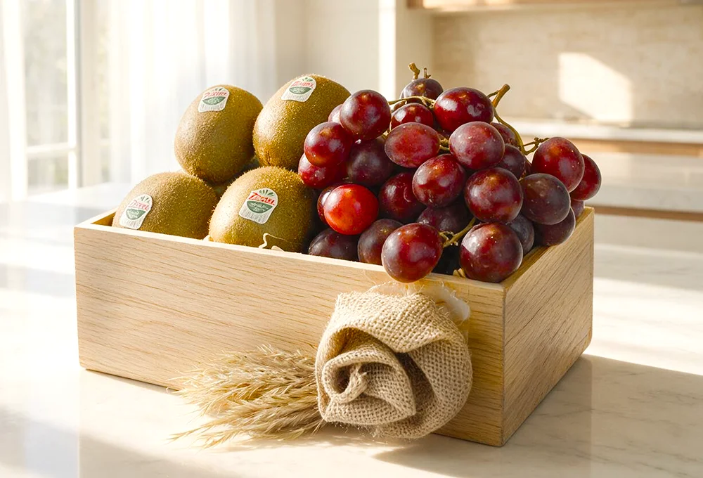 500 Gms of Red Globe Grape and 400 gms of Zespri Gree Kiwi in a wooden tray