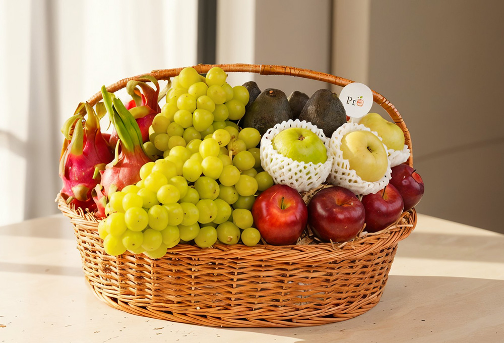 Exotic Fruit Basket – Red Apples, Grapes, Dragonfruit & More