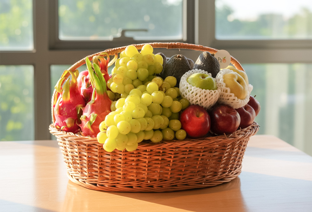 Exotic Fruit Basket – Red Apples, Grapes, Dragonfruit & More