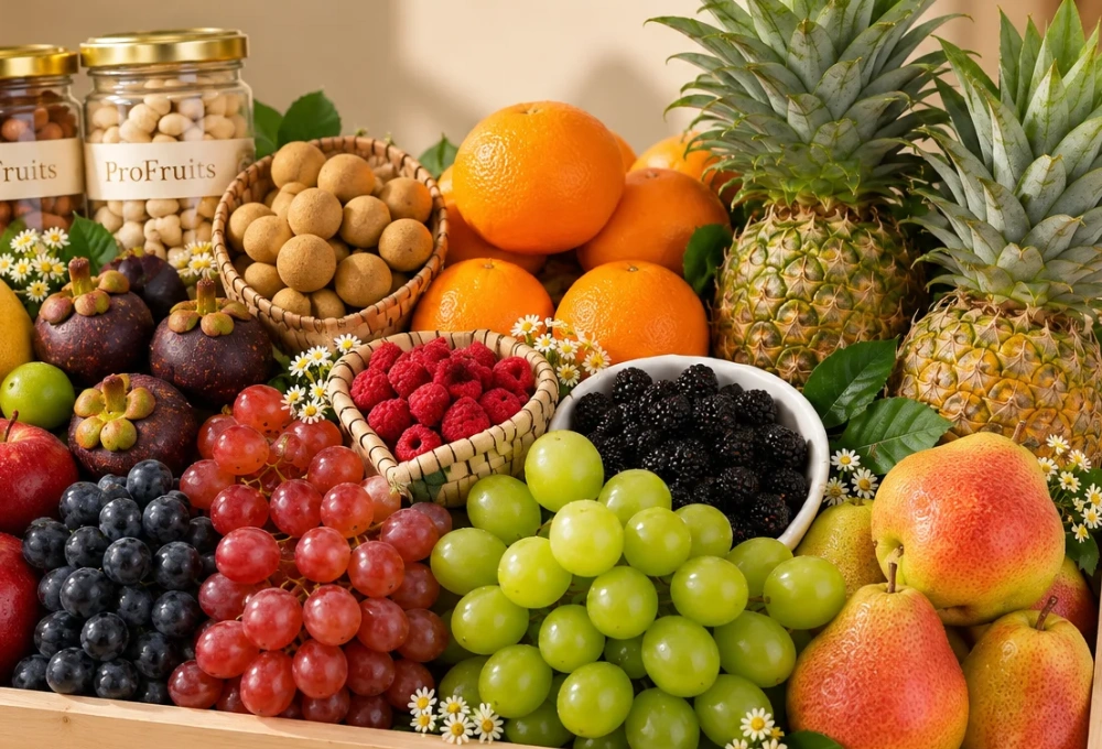 Premium wooden fruit tray filled with Rockit Apples, Grapefruit, Mangosteen, Longan, Blueberries, Red Seedless Grapes, Valencia Oranges, Honey Pineapple, Red Beauty Pears, Mulberries, Raspberries, Green Muscat Grapes, a Cashew Jar, and a Fig Jar.