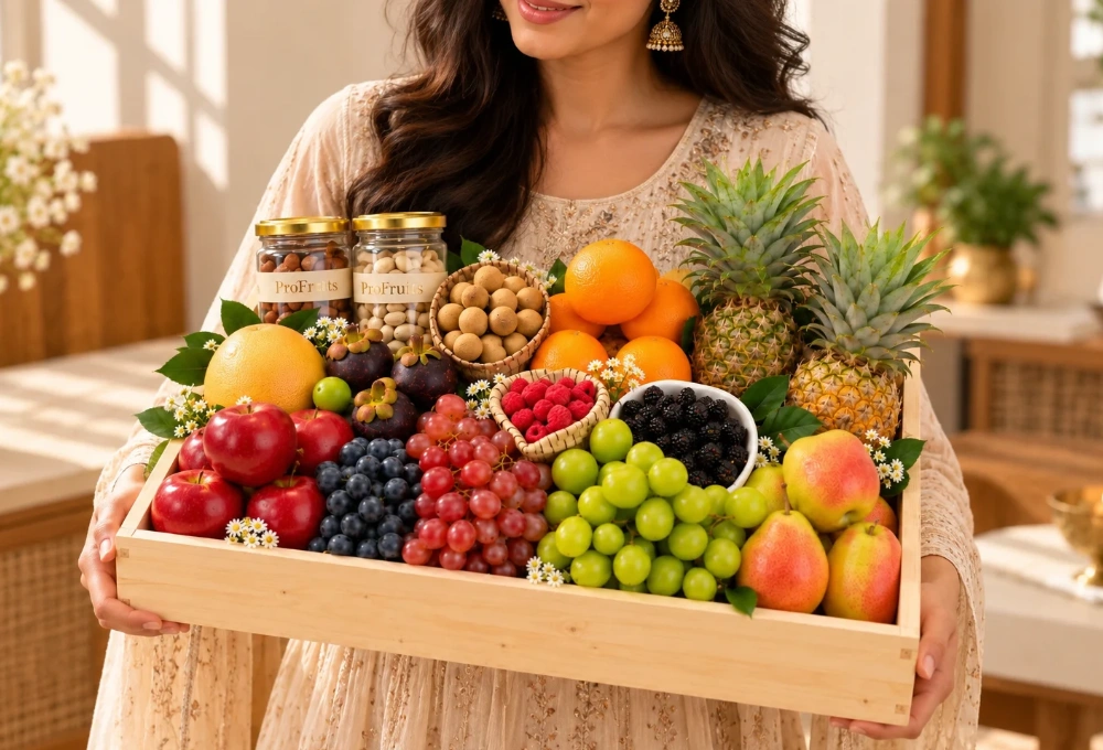 Premium wooden fruit tray filled with Rockit Apples, Grapefruit, Mangosteen, Longan, Blueberries, Red Seedless Grapes, Valencia Oranges, Honey Pineapple, Red Beauty Pears, Mulberries, Raspberries, Green Muscat Grapes, a Cashew Jar, and a Fig Jar.