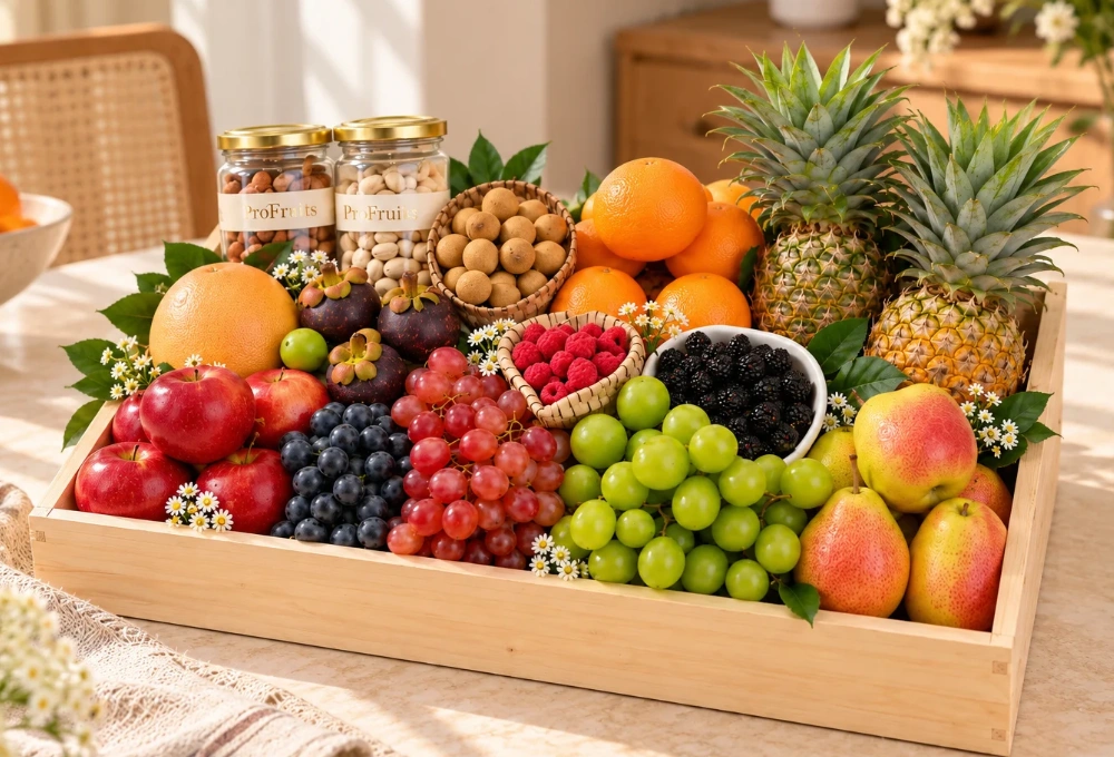 Premium wooden fruit tray filled with Rockit Apples, Grapefruit, Mangosteen, Longan, Blueberries, Red Seedless Grapes, Valencia Oranges, Honey Pineapple, Red Beauty Pears, Mulberries, Raspberries, Green Muscat Grapes, a Cashew Jar, and a Fig Jar.