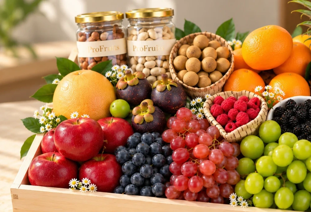 Premium wooden fruit tray filled with Rockit Apples, Grapefruit, Mangosteen, Longan, Blueberries, Red Seedless Grapes, Valencia Oranges, Honey Pineapple, Red Beauty Pears, Mulberries, Raspberries, Green Muscat Grapes, a Cashew Jar, and a Fig Jar.