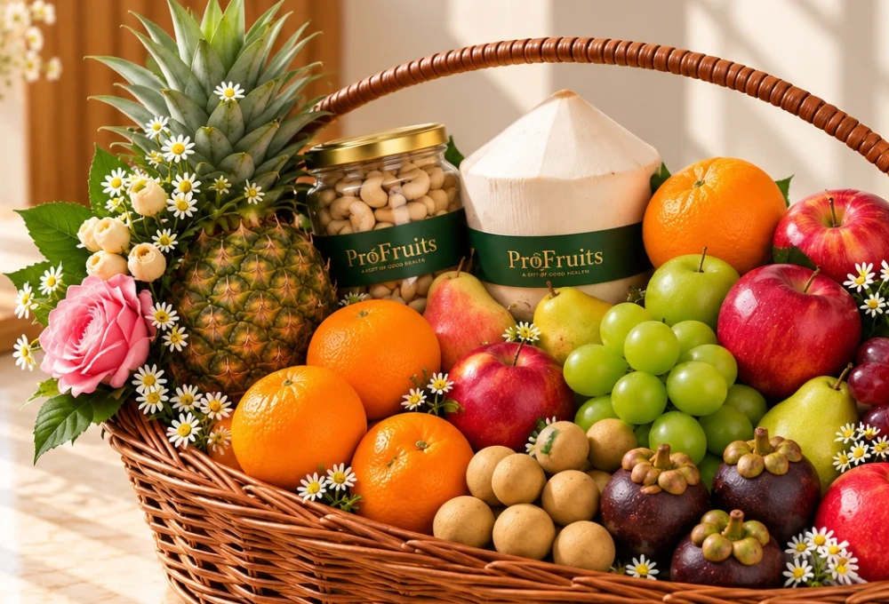 Premium handle basket filled with Longan, Mangosteen, Murcott Orange, Red Beauty Pear, Green Vermont Pear, Valencia Orange, Rockit Apple, Green Muscat Grapes, Red Seedless Grapes, Fuji Apple, Thai Coconut, Whole Honey Pineapple, Blueberries, and a mixed dry fruits jar.