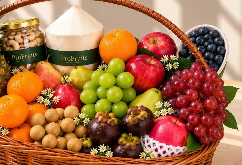 Premium handle basket filled with Longan, Mangosteen, Murcott Orange, Red Beauty Pear, Green Vermont Pear, Valencia Orange, Rockit Apple, Green Muscat Grapes, Red Seedless Grapes, Fuji Apple, Thai Coconut, Whole Honey Pineapple, Blueberries, and a mixed dry fruits jar.