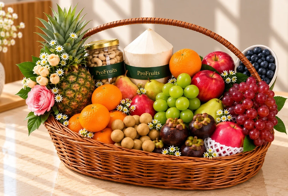 Premium handle basket filled with Longan, Mangosteen, Murcott Orange, Red Beauty Pear, Green Vermont Pear, Valencia Orange, Rockit Apple, Green Muscat Grapes, Red Seedless Grapes, Fuji Apple, Thai Coconut, Whole Honey Pineapple, Blueberries, and a mixed dry fruits jar.