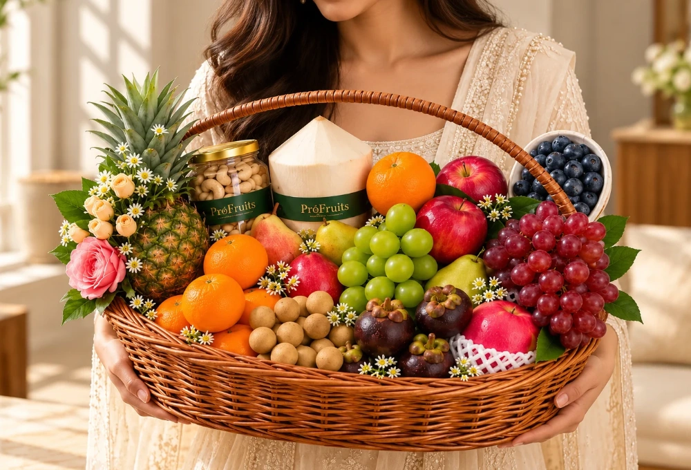 Premium handle basket filled with Longan, Mangosteen, Murcott Orange, Red Beauty Pear, Green Vermont Pear, Valencia Orange, Rockit Apple, Green Muscat Grapes, Red Seedless Grapes, Fuji Apple, Thai Coconut, Whole Honey Pineapple, Blueberries, and a mixed dry fruits jar.
