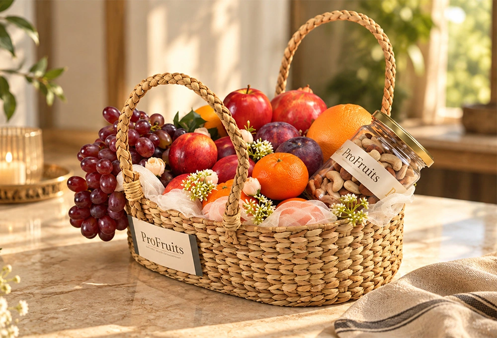Premium ProFruits fruit and dry fruit hamper in a handcrafted wicker basket