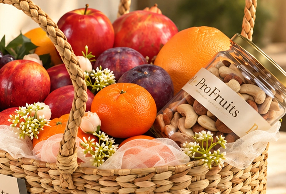 Premium ProFruits fruit and dry fruit hamper in a handcrafted wicker basket