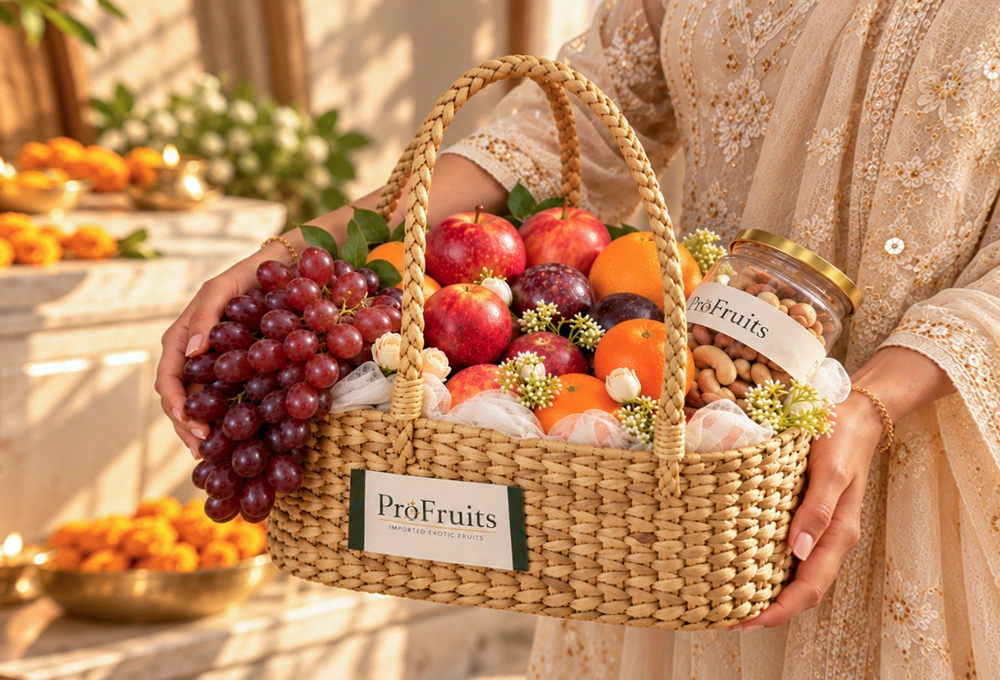 Premium ProFruits fruit and dry fruit hamper in a handcrafted wicker basket