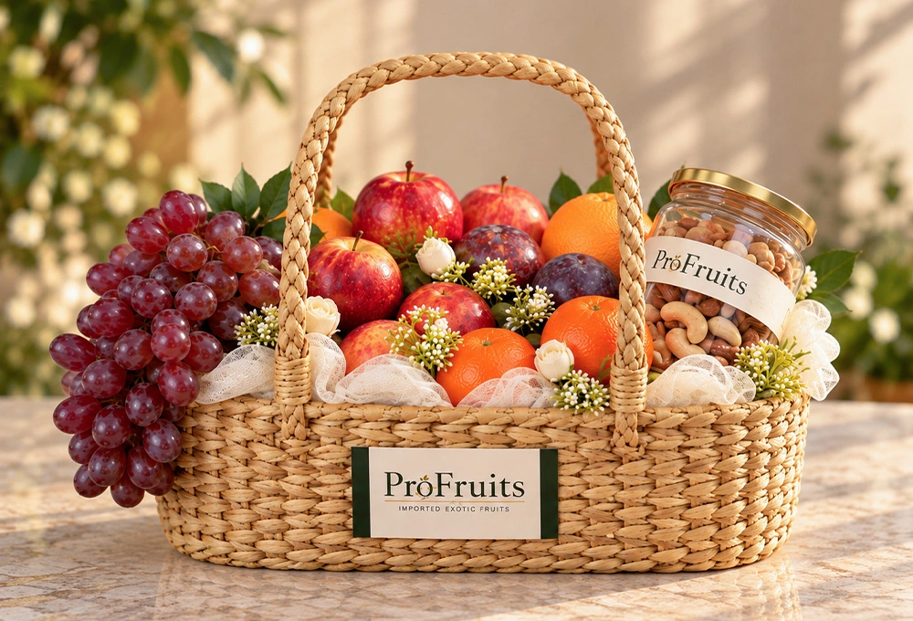 Premium ProFruits fruit and dry fruit hamper in a handcrafted wicker basket