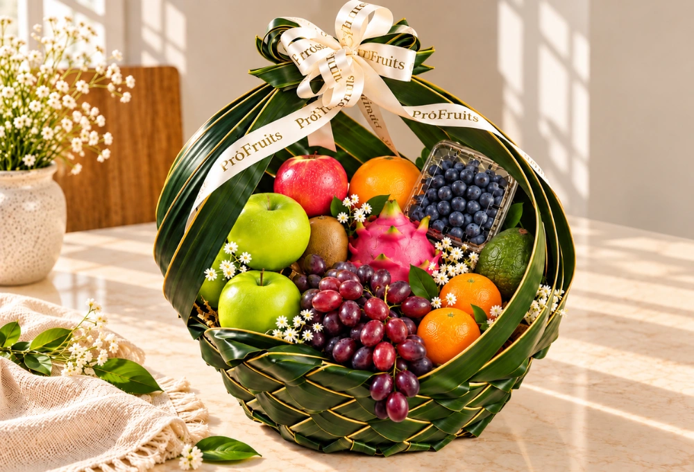 Premium exotic fruit basket with green apples, red apples, black grapes, blueberries, kiwi, avocado, dragon fruit and oranges beautifully arranged for gifting