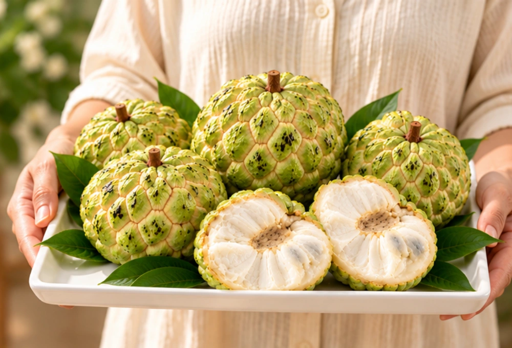 Premium fresh custard apples with creamy white flesh, beautifully arranged on a white serving tray