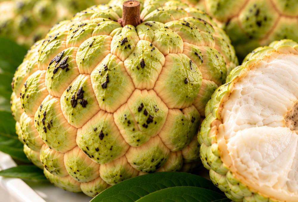 Premium fresh custard apples with creamy white flesh, beautifully arranged on a white serving tray
