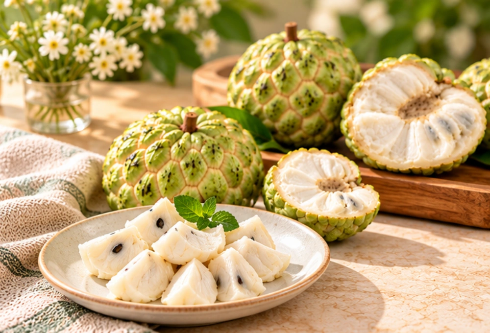 Premium fresh custard apples with creamy white flesh, beautifully arranged on a white serving tray
