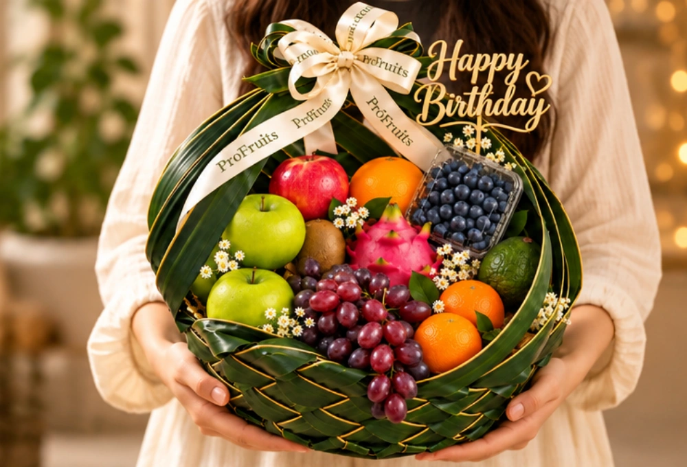 Luxurious ProFruits birthday fruit hamper with premium exotic fruits, Happy Birthday topper, elegant ribbon and fresh floral decoration