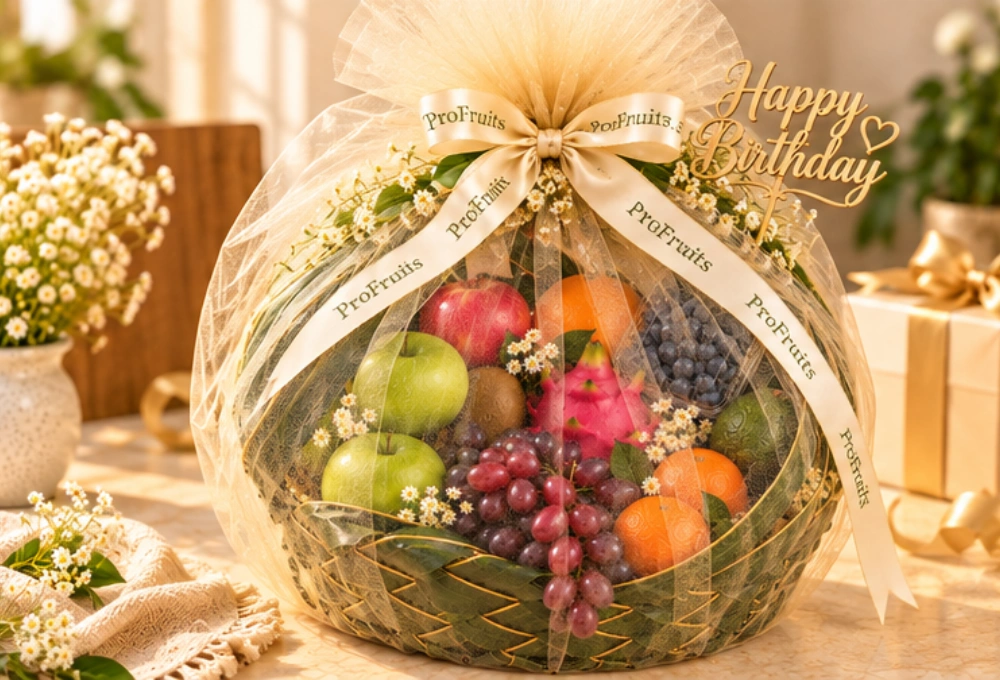 Luxurious ProFruits birthday fruit hamper with premium exotic fruits, Happy Birthday topper, elegant ribbon and fresh floral decoration