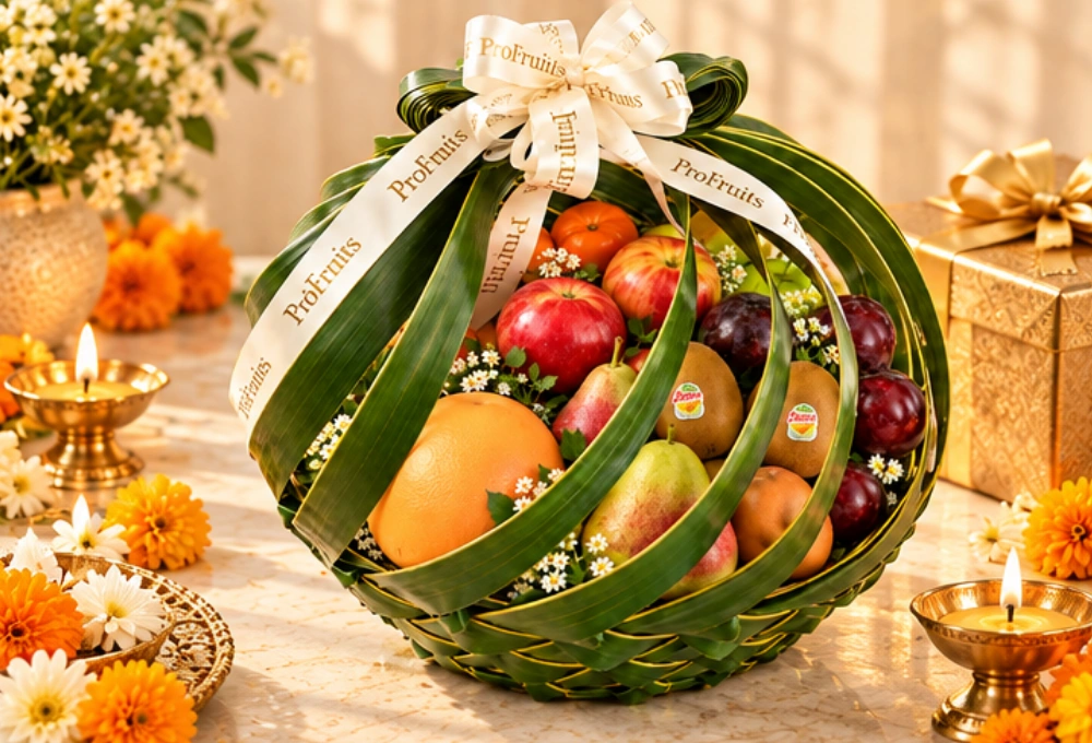 Premium Diwali fruit gift featuring Red Beauty Pears, Golden Kiwi, China Plums, Green and Rockit Apples, Mandarins, Kutch Dragon Fruit, Grapefruit and a greeting card
