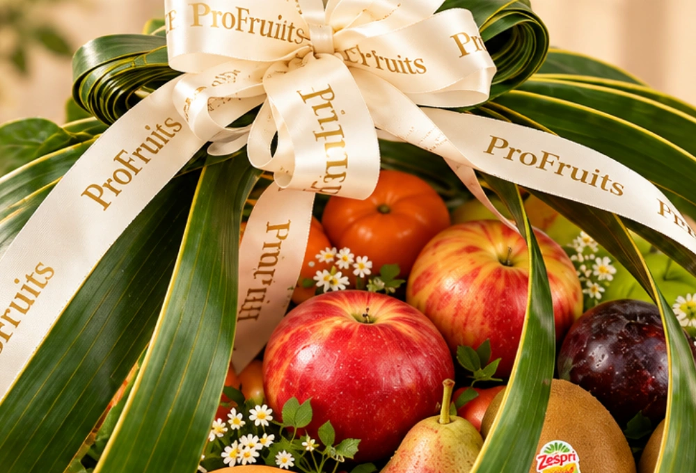 Premium Diwali fruit gift featuring Red Beauty Pears, Golden Kiwi, China Plums, Green and Rockit Apples, Mandarins, Kutch Dragon Fruit, Grapefruit and a greeting card