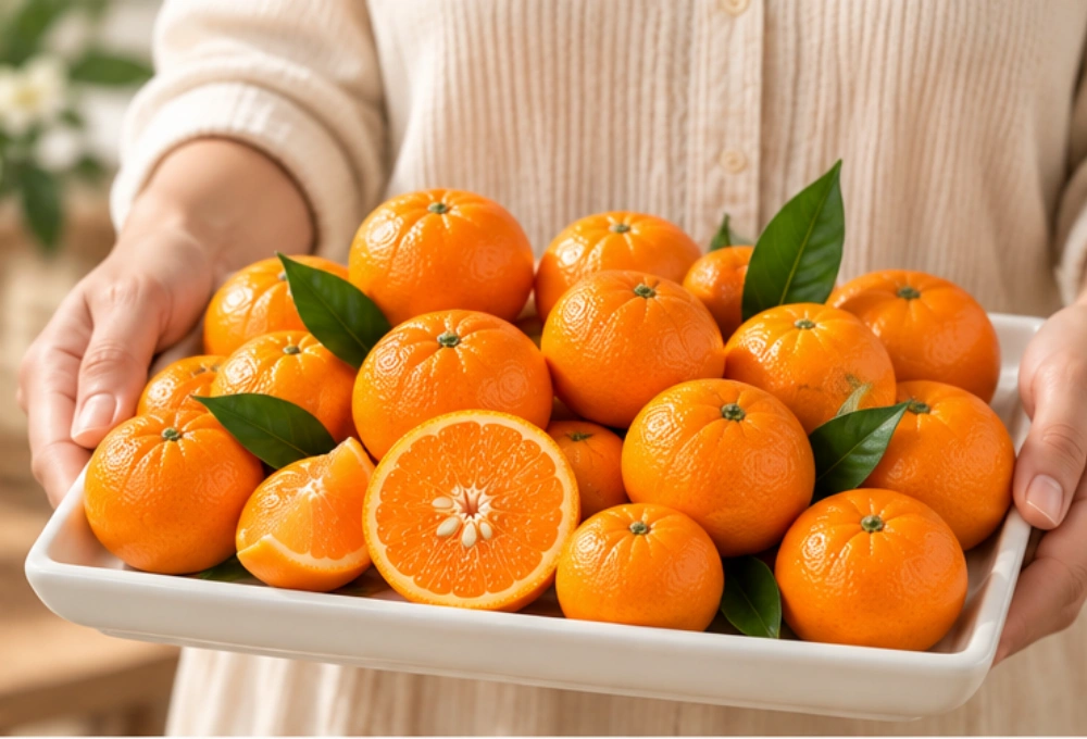 Premium Murcott Oranges from Australia, fresh juicy oranges beautifully arranged on a white serving tray