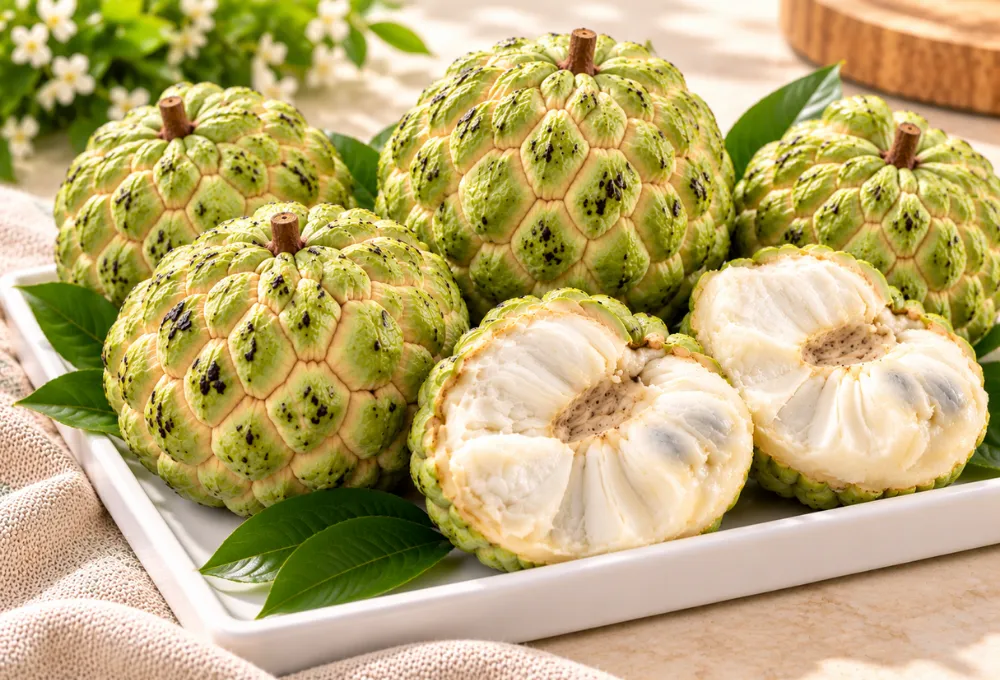 Premium fresh custard apples with creamy white flesh, beautifully arranged on a white serving tray