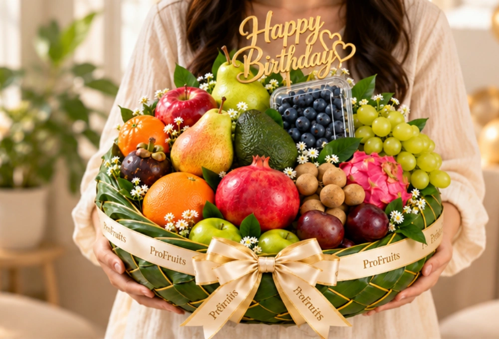 Luxury ProFruits birthday fruit basket filled with premium exotic fruits, elegant ribbon, floral decoration and Happy Birthday topper