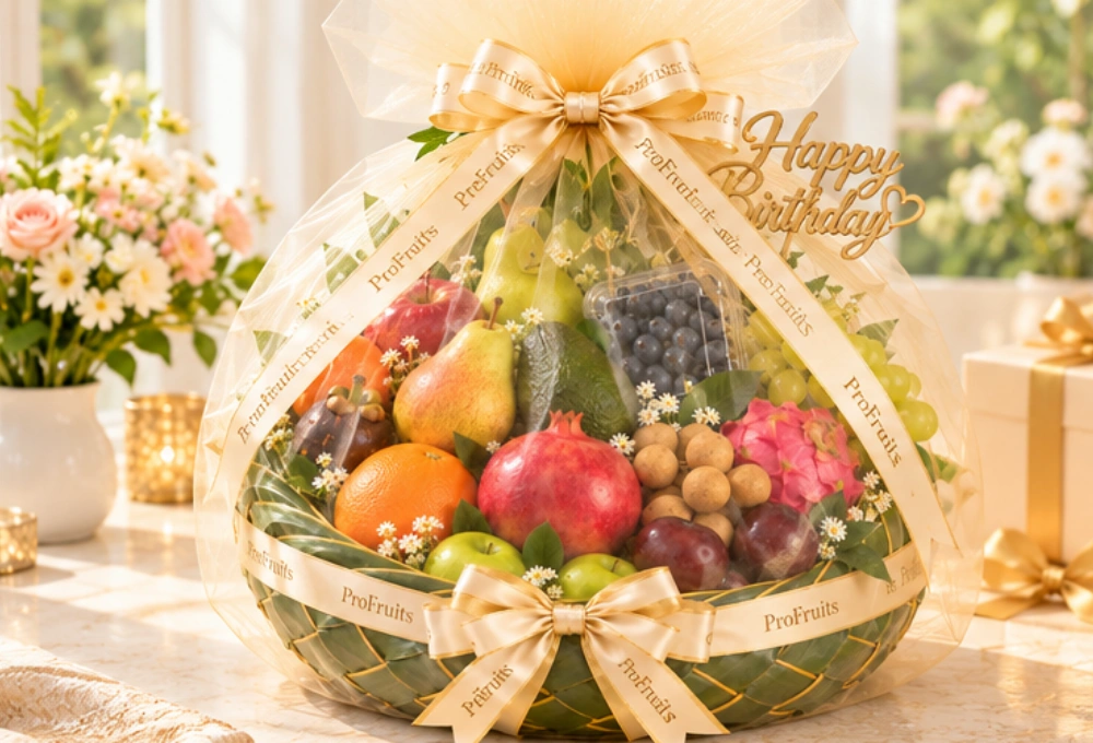Luxury ProFruits birthday fruit basket filled with premium exotic fruits, elegant ribbon, floral decoration and Happy Birthday topper