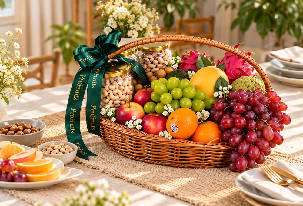 Premium exotic fruit and dry fruit gift basket with red and green grapes, Rockit apples, mandarins, custard apples, dragon fruit, Hass avocado, Egyptian mango, longan and premium dry fruit jars