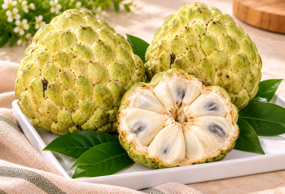 Premium fresh custard apples with creamy white flesh, beautifully arranged on a white serving tray