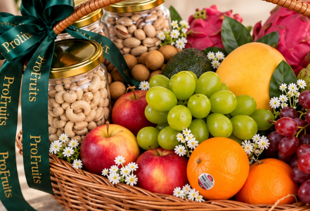 Premium exotic fruit and dry fruit gift basket with red and green grapes, Rockit apples, mandarins, custard apples, dragon fruit, Hass avocado, Egyptian mango, longan and premium dry fruit jars